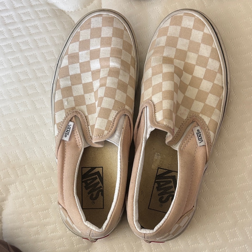 Vans Beige and White Checkered Slip-Ons